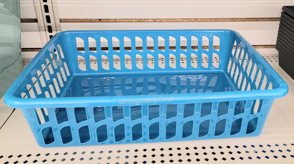 A light blue basket from Dollar Tree.