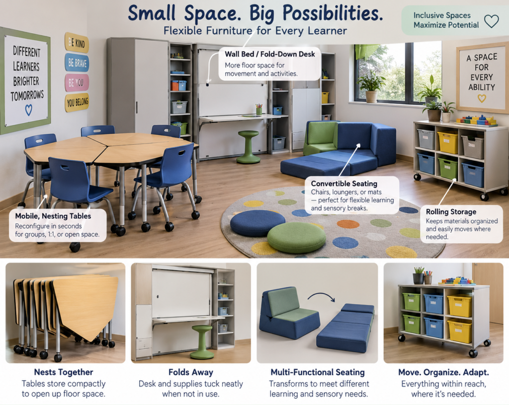 examples of small special education classroom organization and space-saving ideas